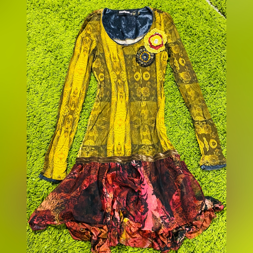 Desigual Yellow and Red Long Sleeve Mixed-Print Dress